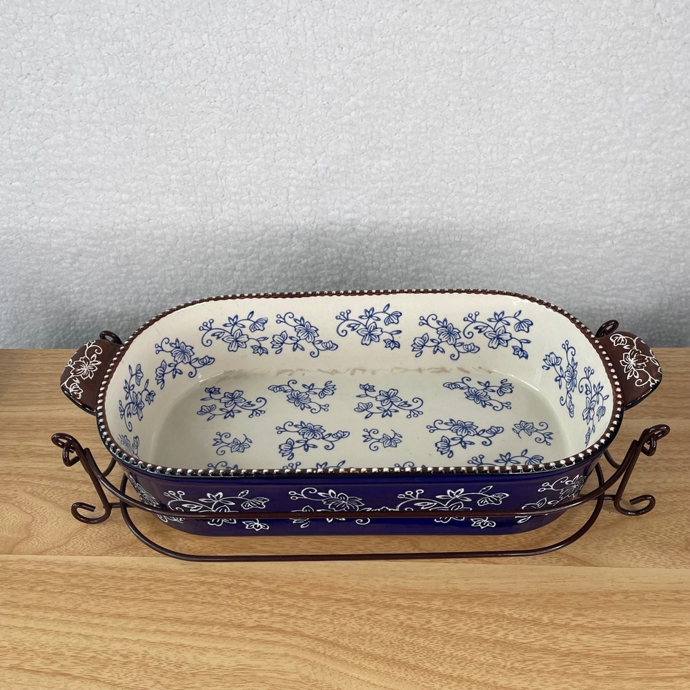 Temp-tations by Tara Floral Lace 3QT Oval Baker Cobalt Blue with Rack and Lid